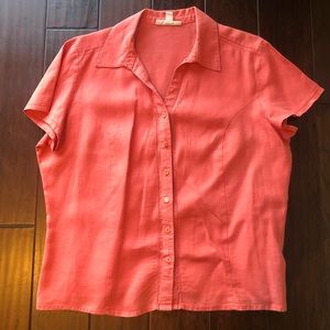 Coral Pink 100% Linen Button Up Plus Size Blouse, Size 16